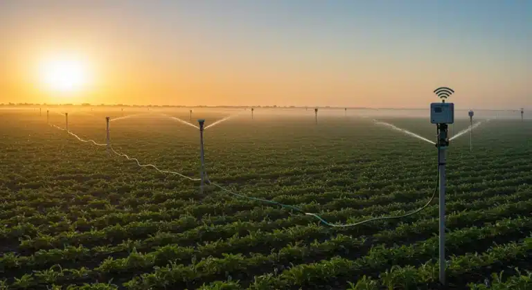 Advanced precision irrigation system with integrated sensors in a thriving crop field at dawn, showcasing efficient water delivery.