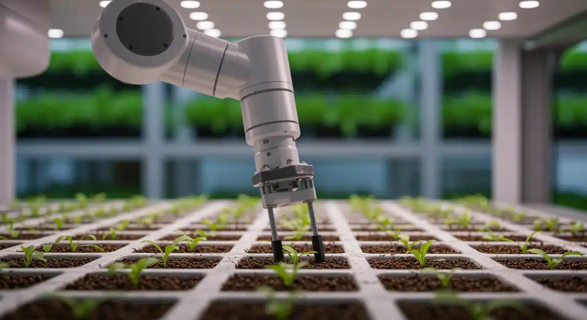 Robotic arm planting seedlings in an urban vertical farm