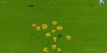 Satellite view of a farm field with healthy crops and highlighted areas indicating early disease detection.