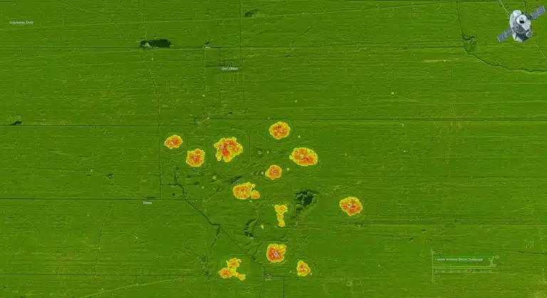 Satellite view of a farm field with healthy crops and highlighted areas indicating early disease detection.