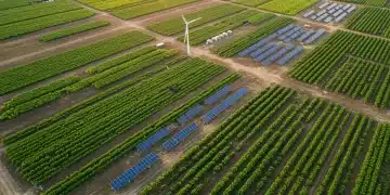 Aerial view of a sustainable US farm with solar panels and diverse crops