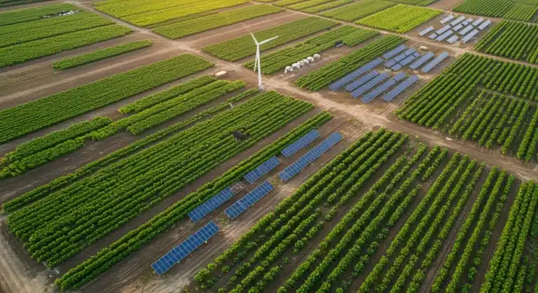 Aerial view of a sustainable US farm with solar panels and diverse crops