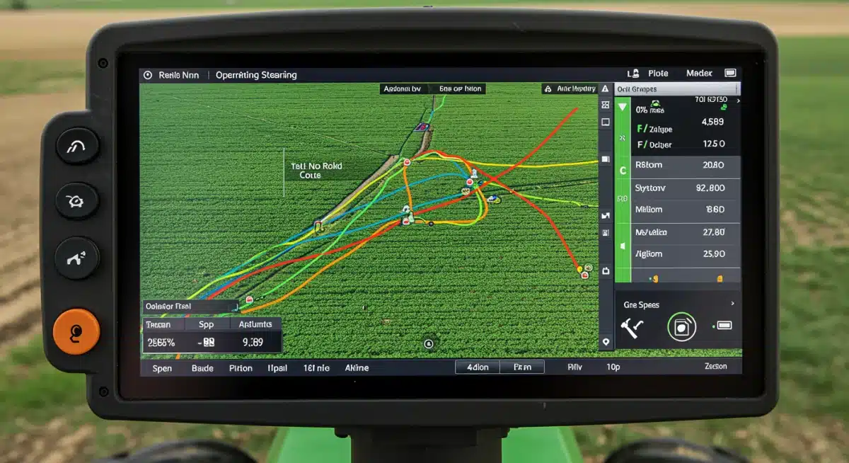 In-cab tractor display showing real-time GPS steering, field mapping, and operational data for precision farming.