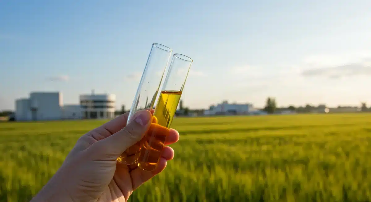 Scientist holding a test tube of advanced biofuel, symbolizing research and development in renewable fuels.