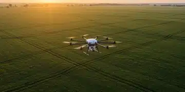 Advanced agricultural drone monitoring a crop field at sunrise
