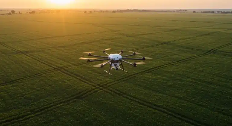 Advanced agricultural drone monitoring a crop field at sunrise