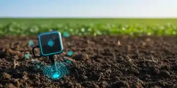 Advanced soil sensor measuring nutrient levels in a fertile farm field.