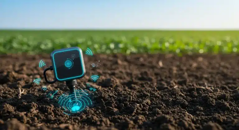 Advanced soil sensor measuring nutrient levels in a fertile farm field.