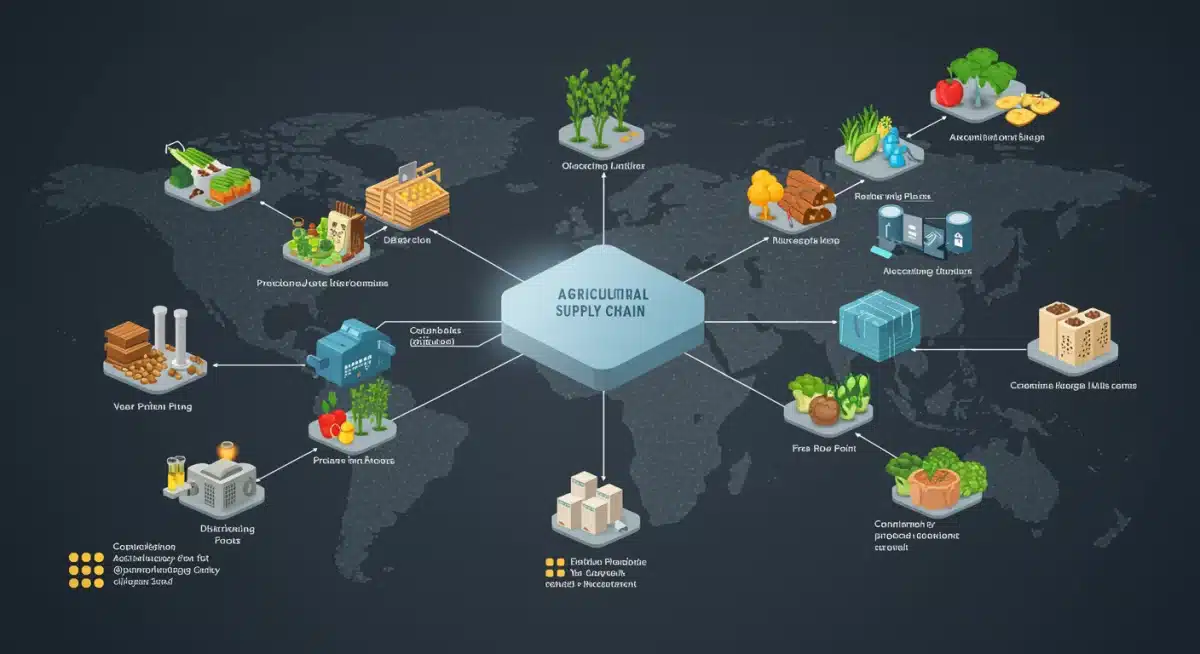 Infographic showing the agricultural supply chain with blockchain integration for transparency.