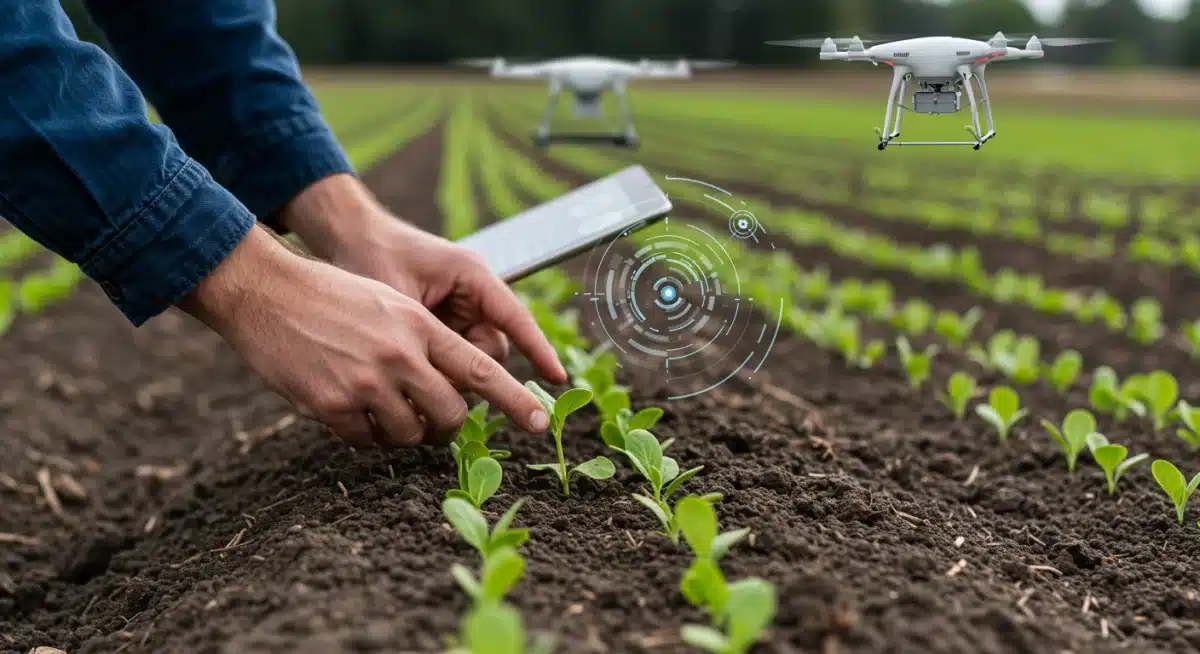 Farmer inspecting crops with agricultural technology, symbolizing innovation and sustainability.