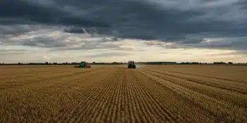 Vast agricultural landscape with harvesting tractor under a dynamic sky, representing agricultural commodity volatility.