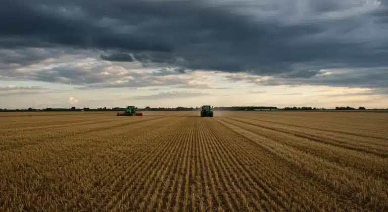 Vast agricultural landscape with harvesting tractor under a dynamic sky, representing agricultural commodity volatility.