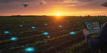 AI-powered precision irrigation sensors in a lush green field at sunset