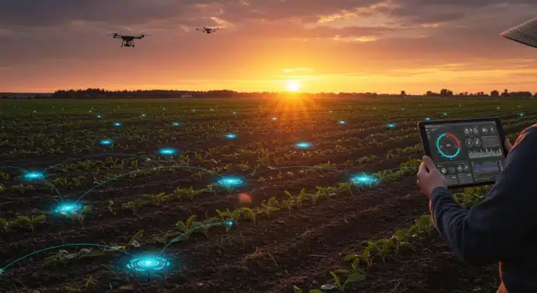AI-powered precision irrigation sensors in a lush green field at sunset