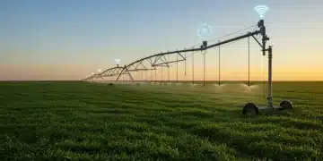 AI-driven precision irrigation system optimizing water use in a US cornfield at dawn