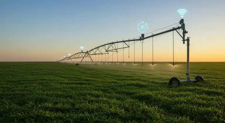 AI-driven precision irrigation system optimizing water use in a US cornfield at dawn