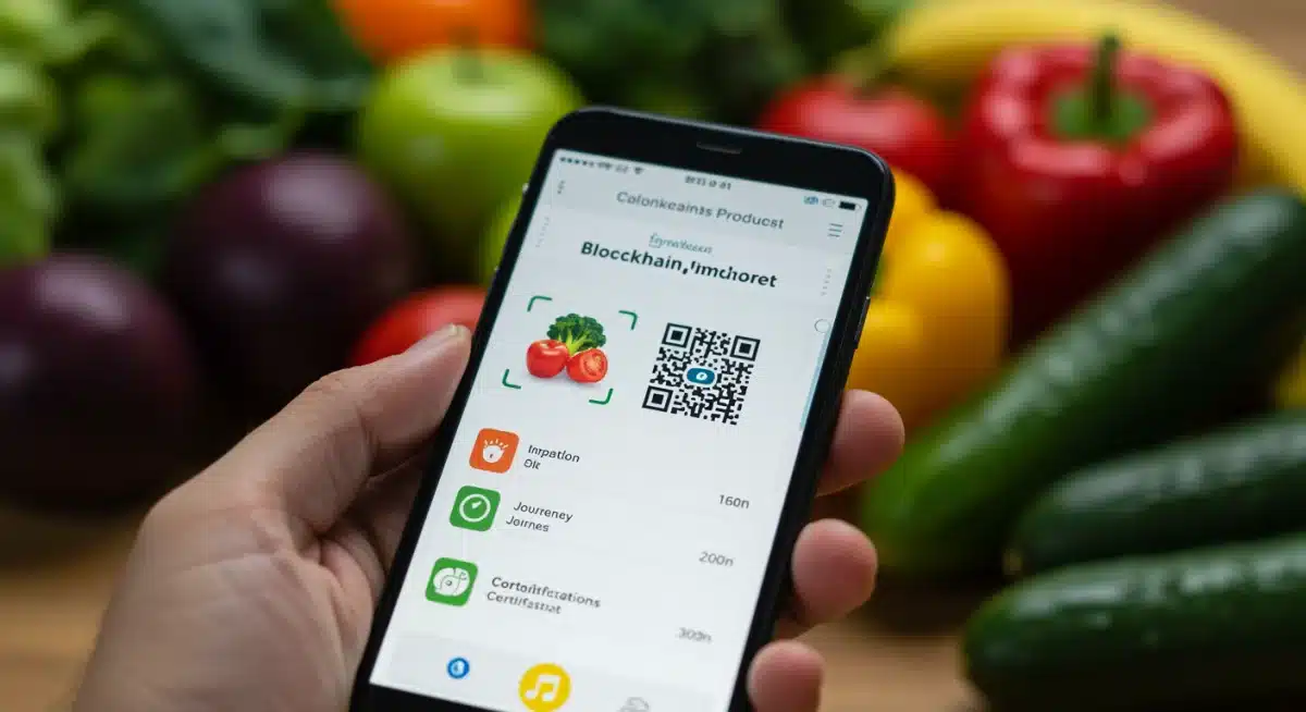Smartphone displaying blockchain food traceability app with QR code and fresh produce.