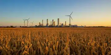 Corn and soybean fields with a distant biofuel refinery, representing the future of renewable energy.