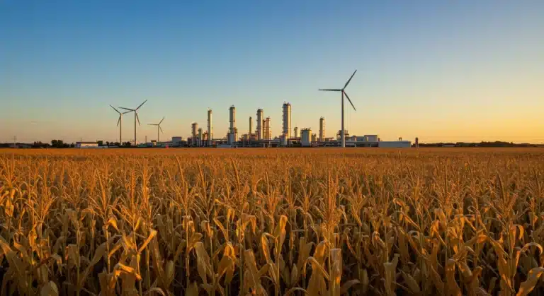 Corn and soybean fields with a distant biofuel refinery, representing the future of renewable energy.