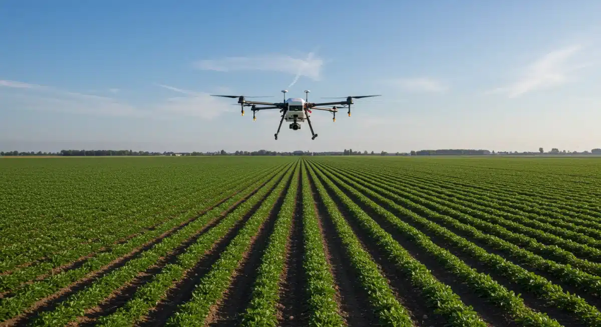 Agricultural drone performing precision spraying over a large green field, optimizing resource use.
