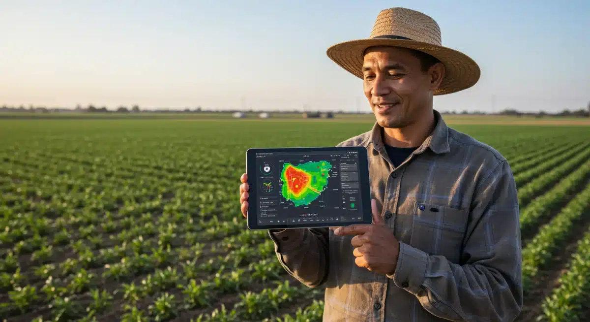 Farmer using a tablet to monitor and control AI irrigation systems