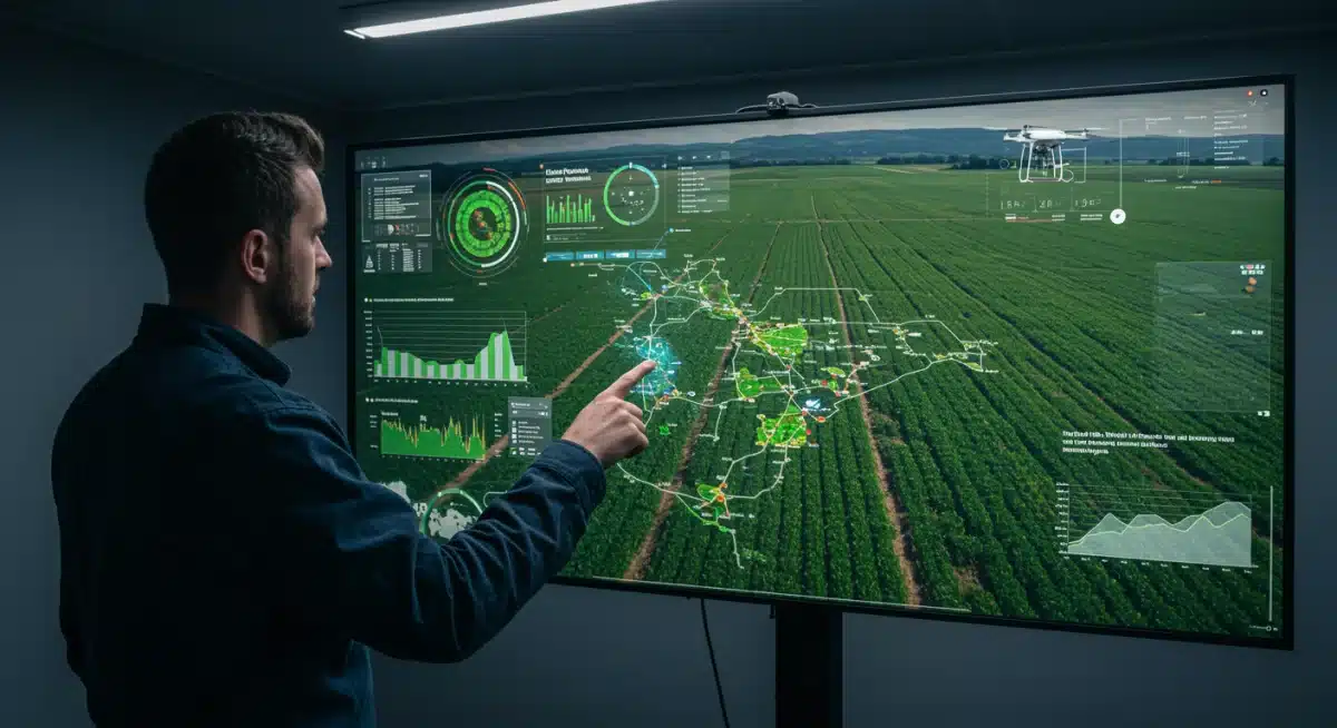 Farmer analyzing drone crop data on a large screen