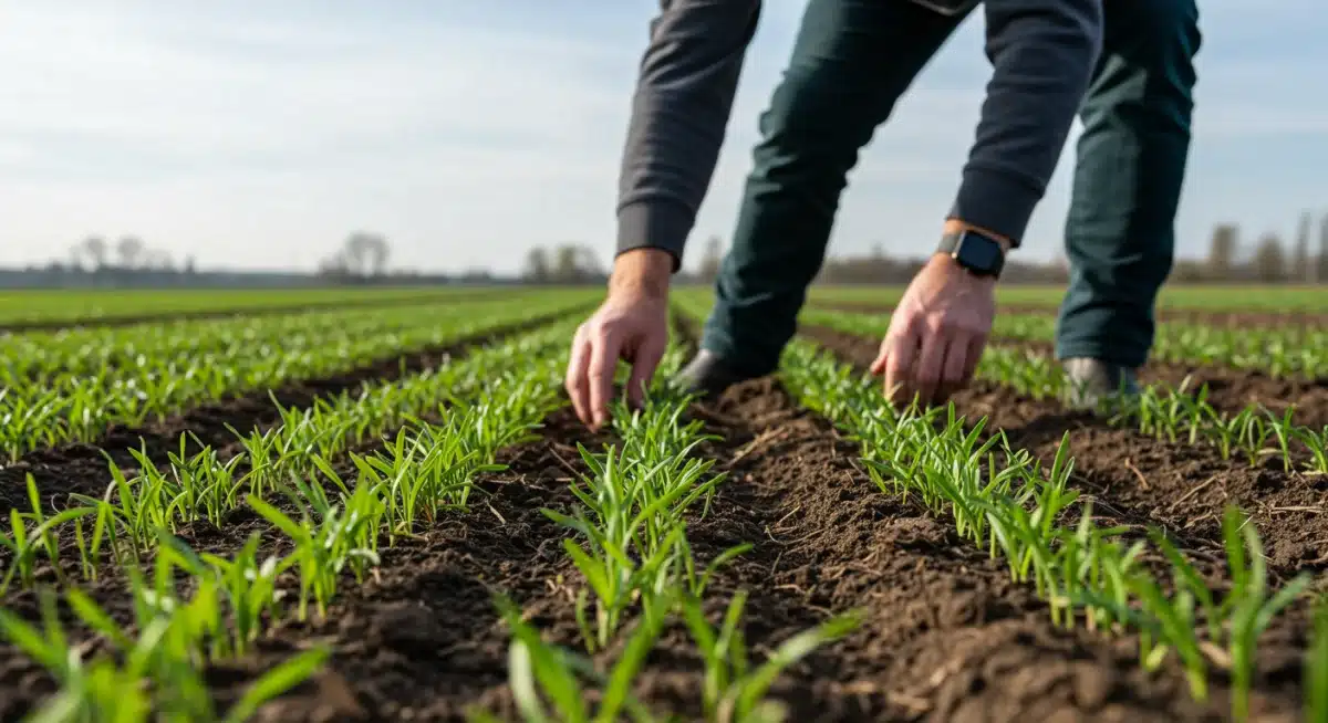 Farmer examining diverse cover crops for soil and insect health