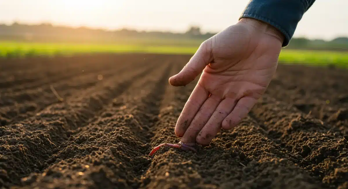 Close-up of a farmer examining dark, healthy soil teeming with earthworms, symbolizing soil regeneration.