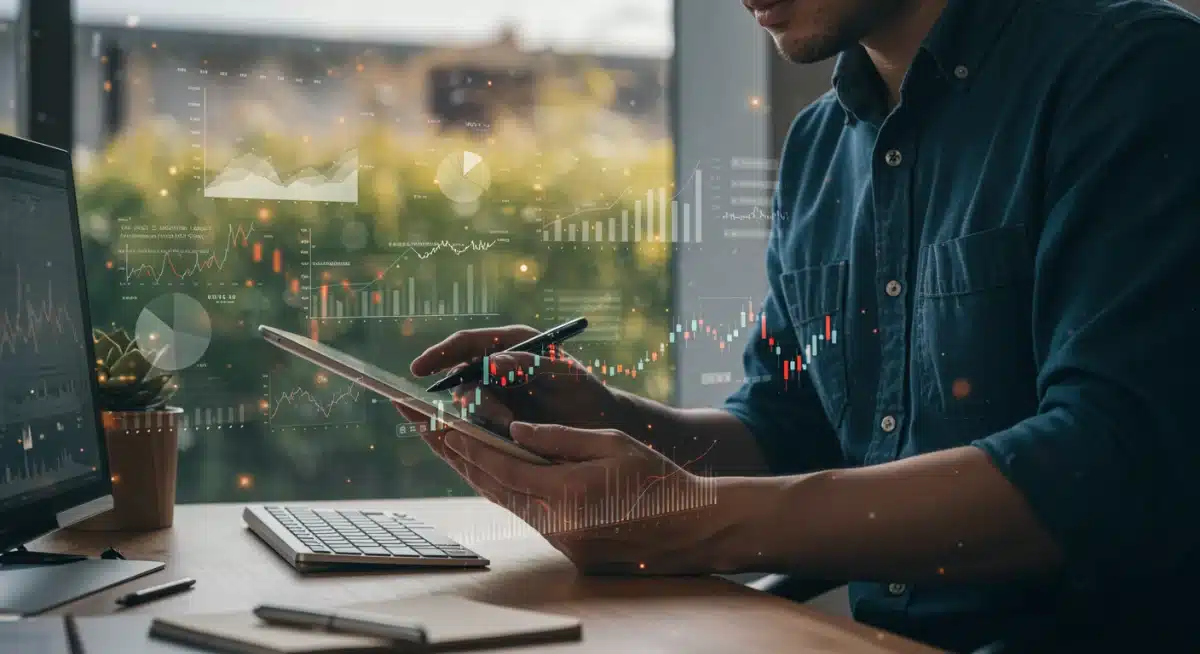 Farmer analyzing digital market data on a tablet in a farm office, showing commodity price trends.
