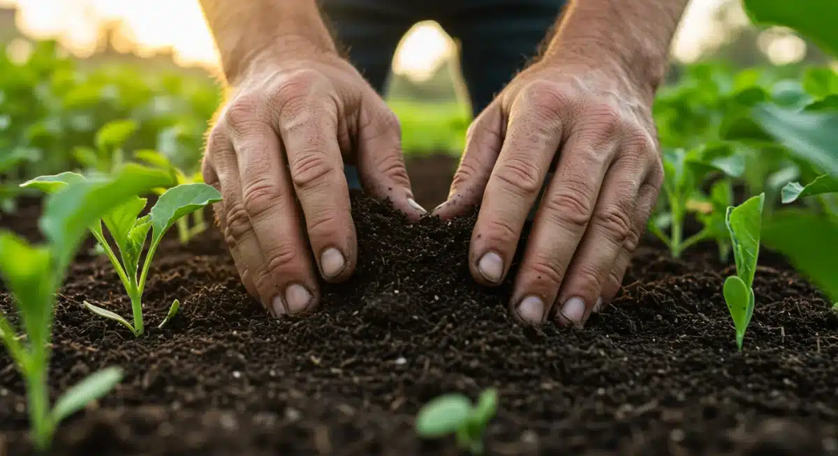 Farmer's hands sifting rich organic soil with healthy sprouts, illustrating soil health.