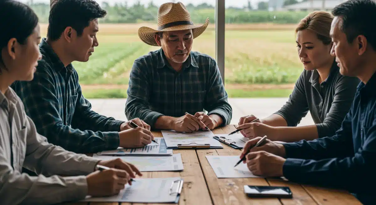 Group of farmers and experts discussing financial reports and strategic plans for agricultural market changes.
