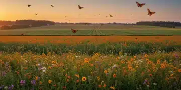 Sunrise over a flourishing farm with diverse crops, a wildflower meadow, and active pollinators, symbolizing enhanced pollinator health and agricultural prosperity.