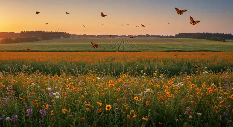 Sunrise over a flourishing farm with diverse crops, a wildflower meadow, and active pollinators, symbolizing enhanced pollinator health and agricultural prosperity.