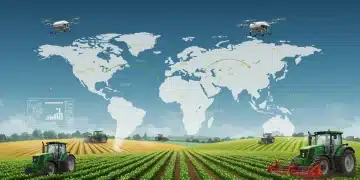 Futuristic farm landscape with global trade map overlay, symbolizing market shifts and policy adaptation for US agribusiness.