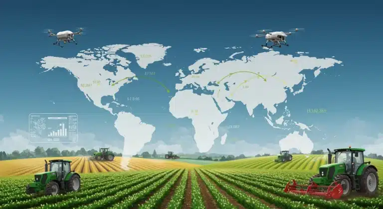 Futuristic farm landscape with global trade map overlay, symbolizing market shifts and policy adaptation for US agribusiness.