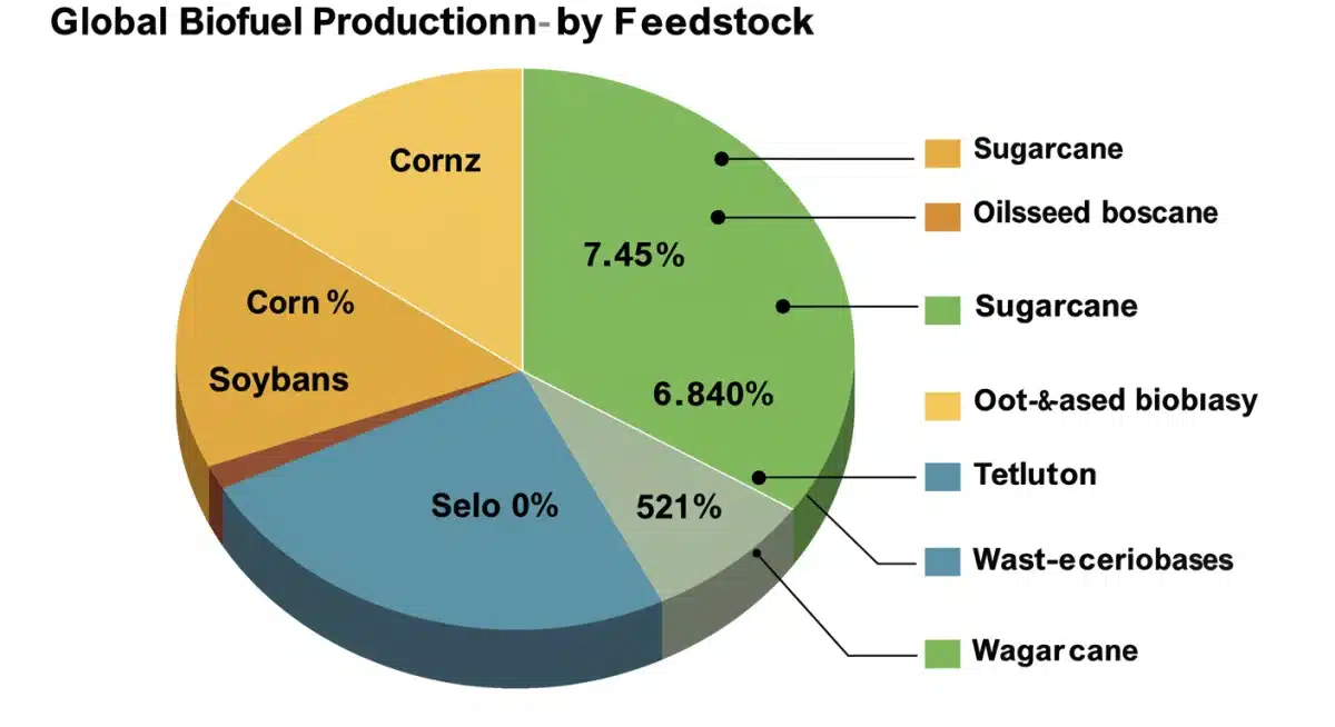 Infographic illustrating global biofuel production distribution by feedstock, emphasizing corn and soybean contributions.