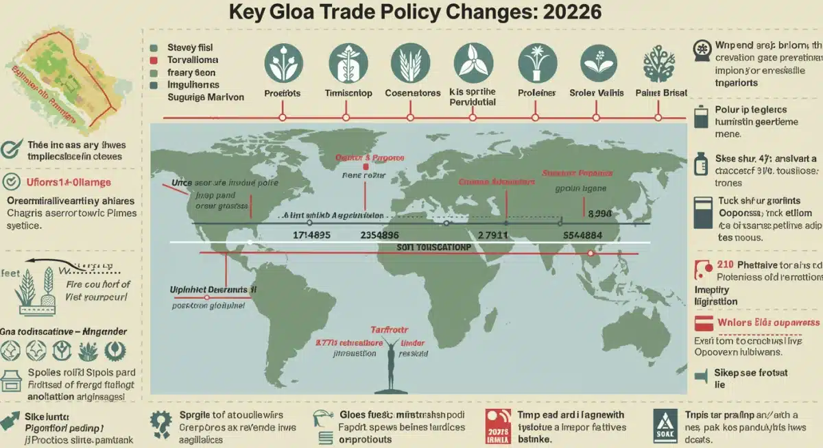 Infographic detailing global trade policy changes affecting agriculture 2024-2026.