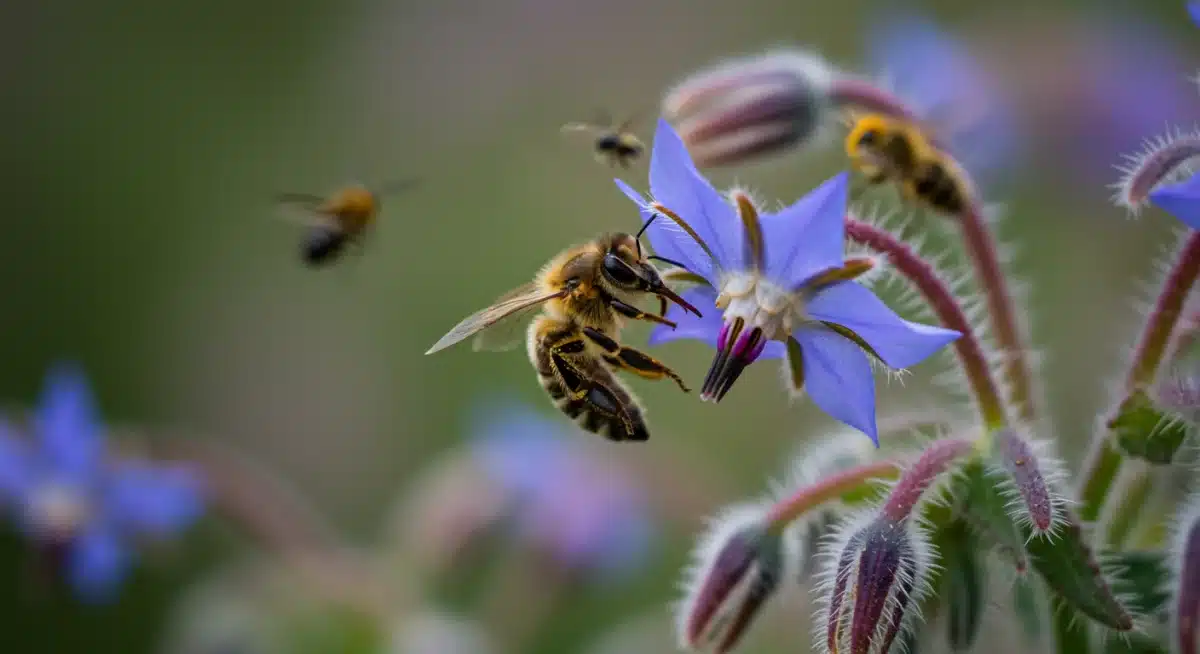 Close-up of a honeybee pollinating a borage flower, demonstrating essential insect activity for crop production.