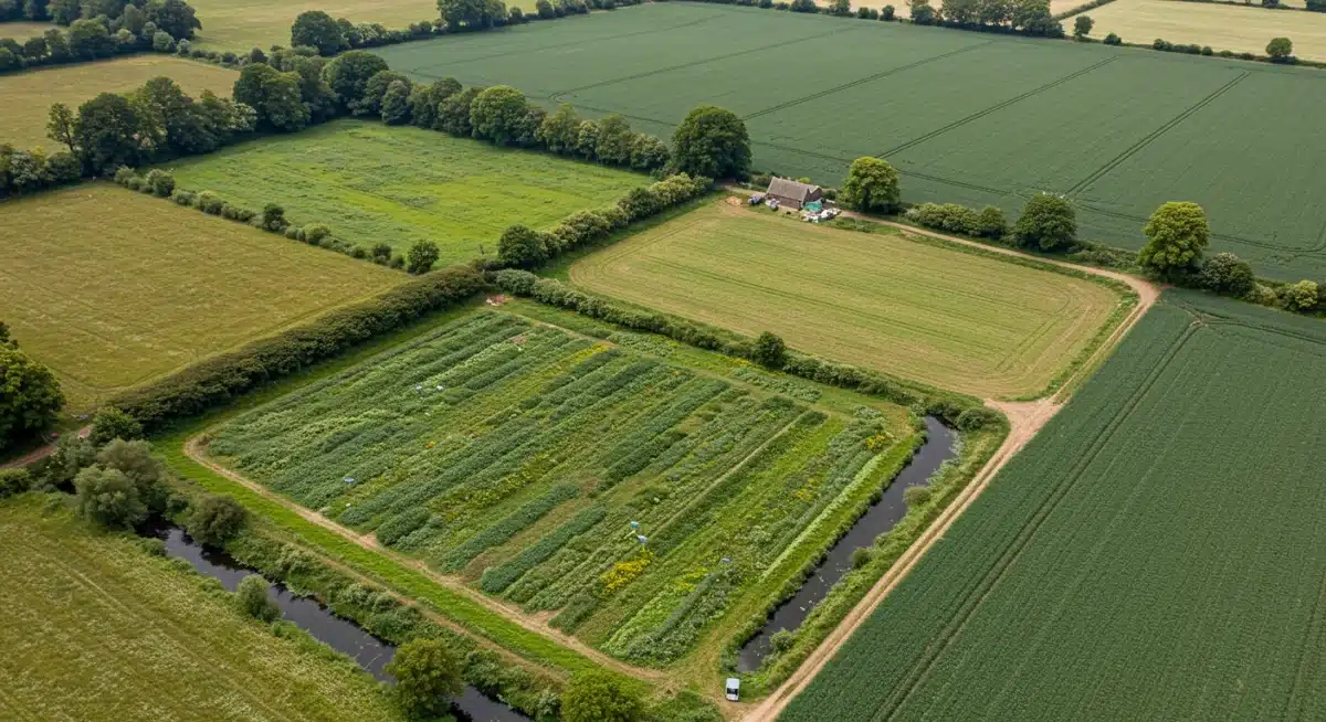Aerial farm view showing integrated pollinator habitats like hedgerows and gardens, showcasing smart land use.