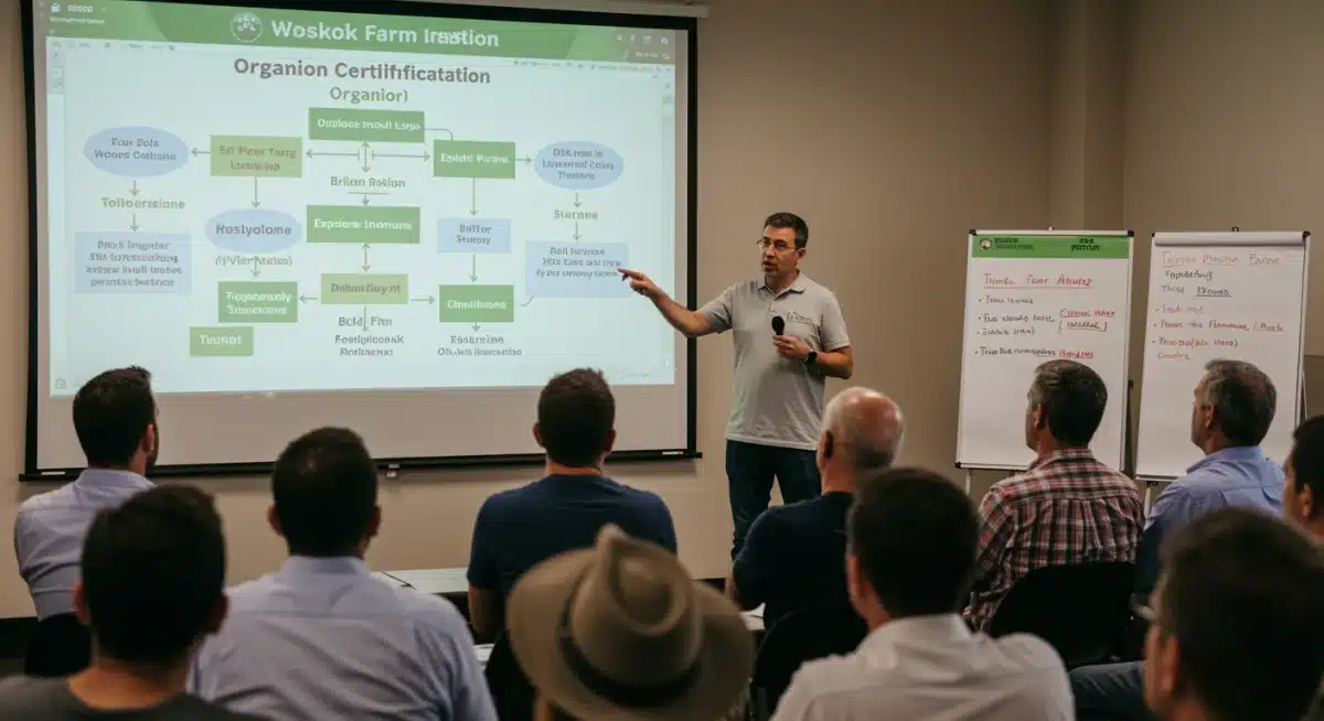 Farmers learning about organic certification processes in a workshop setting.