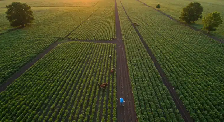 Aerial view of a thriving organic farm with diverse crops in the US Midwest, symbolizing growth and sustainability.