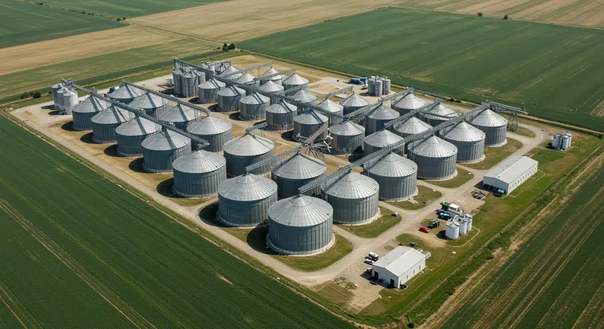 Aerial view of an agricultural complex with automated grain handling and storage