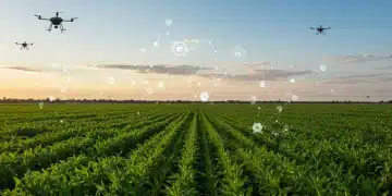 AI-powered crop monitoring with drones over a healthy field.