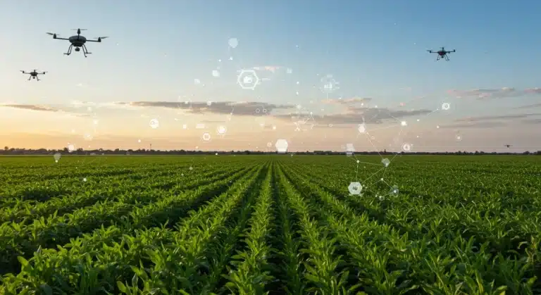 AI-powered crop monitoring with drones over a healthy field.
