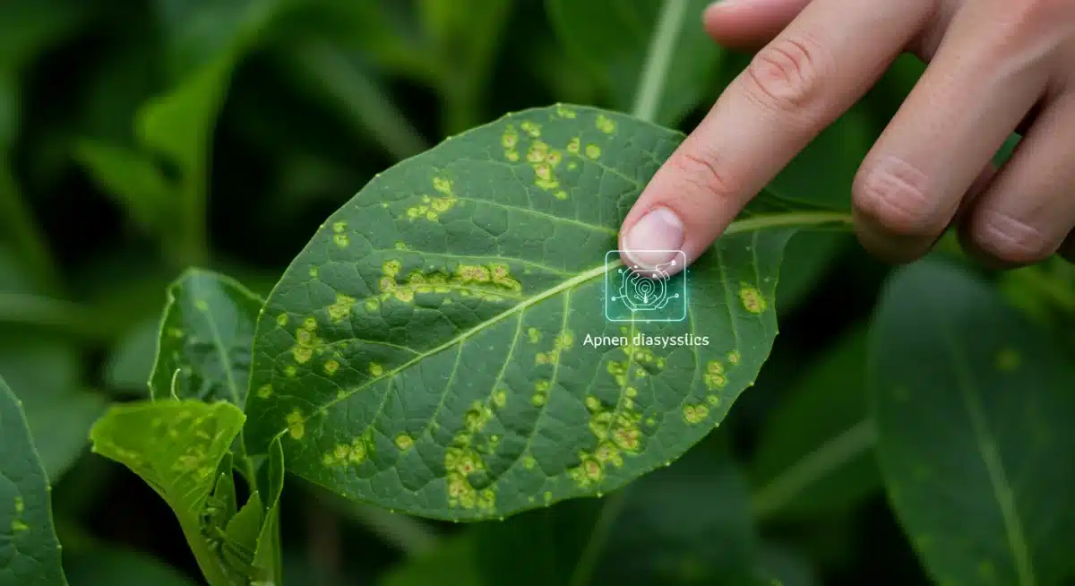 AI disease detection on a plant leaf, highlighting affected areas.