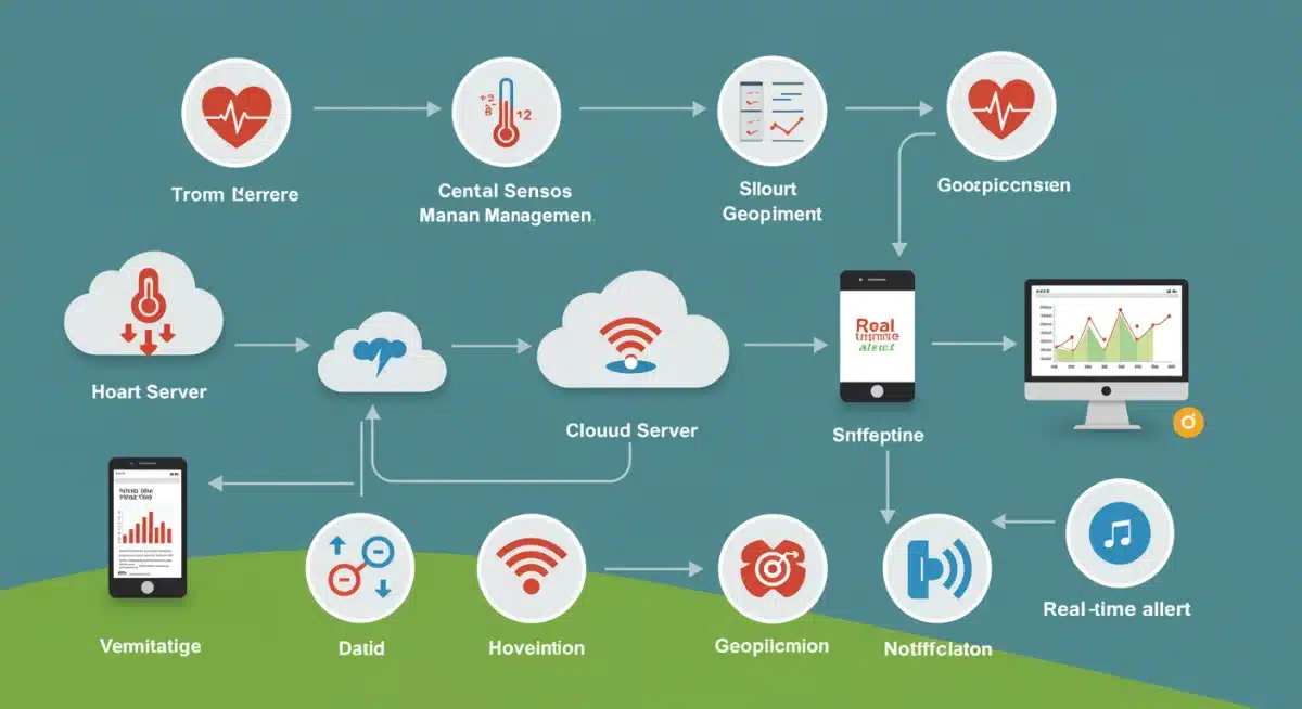Infographic depicting data flow from livestock sensors to alerts