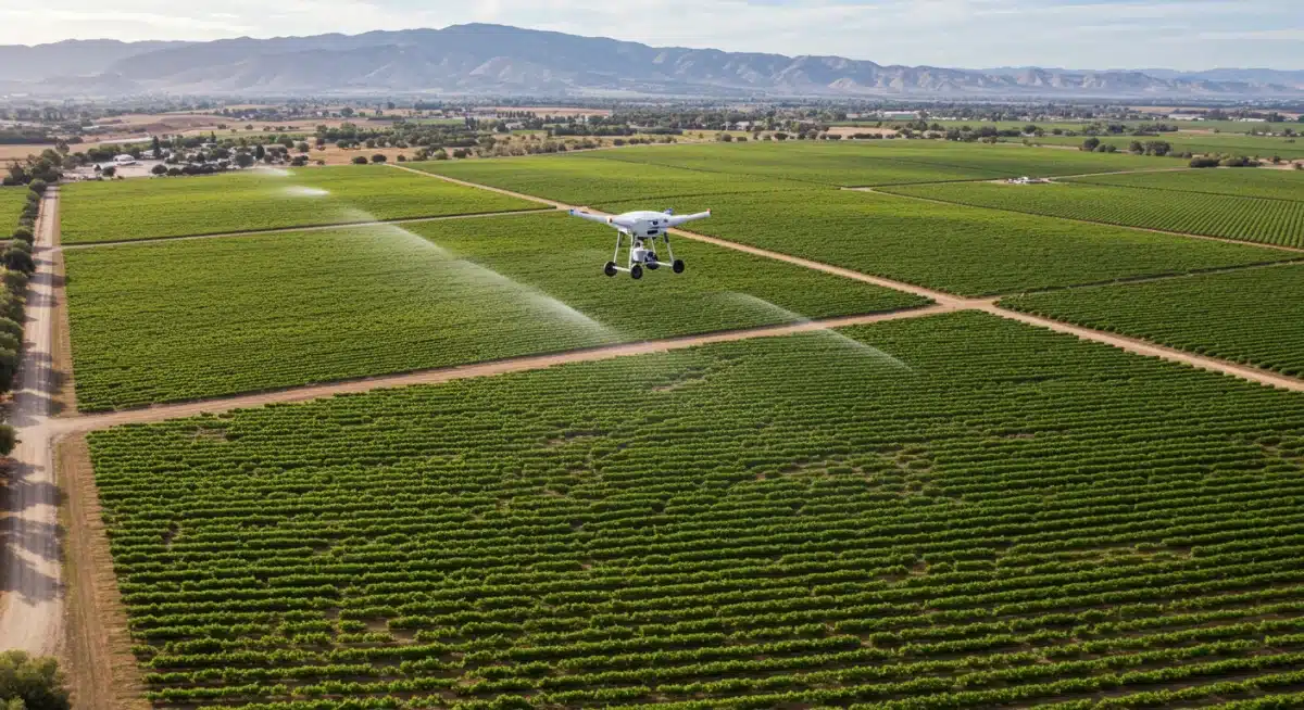 Drone flying over a vineyard, illustrating variable rate irrigation and remote sensing for water efficiency.