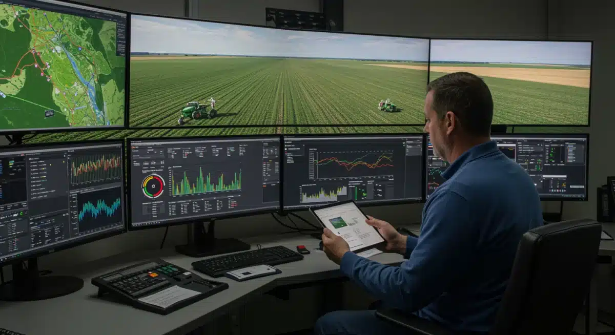 Farmer analyzing real-time data from automated planting systems on a tablet and multiple screens.