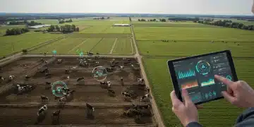 Farmer monitoring livestock health on tablet with smart collars