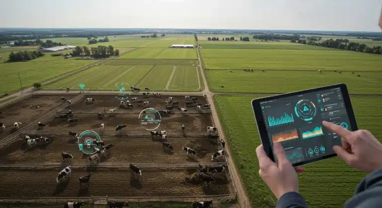 Farmer monitoring livestock health on tablet with smart collars